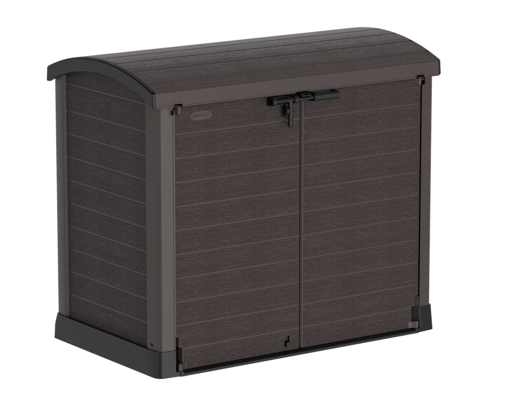 Brown garden storage shed for patio, double door opening and roof opening.
