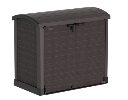 Brown garden storage shed for patio, double door opening and roof opening.