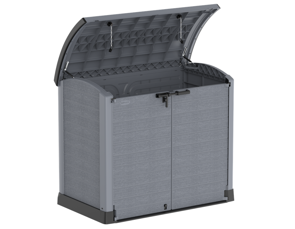 Grey plastic garden shed for patio, roof opening.