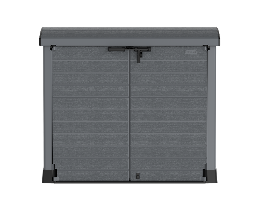 Grey plastic garden shed, ideal for storing decorations or can be used as garbage containers.