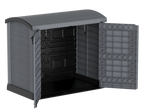 Grey garden storage shed, double door entry access for storing furniture, garbage bins or bicycles.