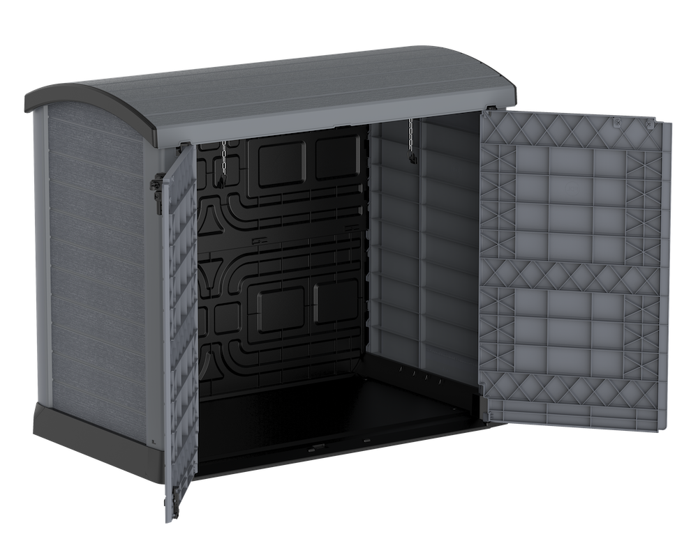 Grey garden storage shed, double door entry access for storing furniture, garbage bins or bicycles.