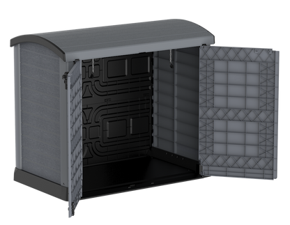 Grey garden storage shed, double door entry access for storing furniture, garbage bins or bicycles.