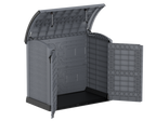 Grey patio storage shed with double doors and a roof access.