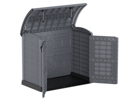 Grey patio storage shed with double doors and a roof access.
