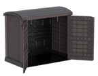Brown garden storage shed, double door entry access for storing furniture, garbage bins or bicycles.