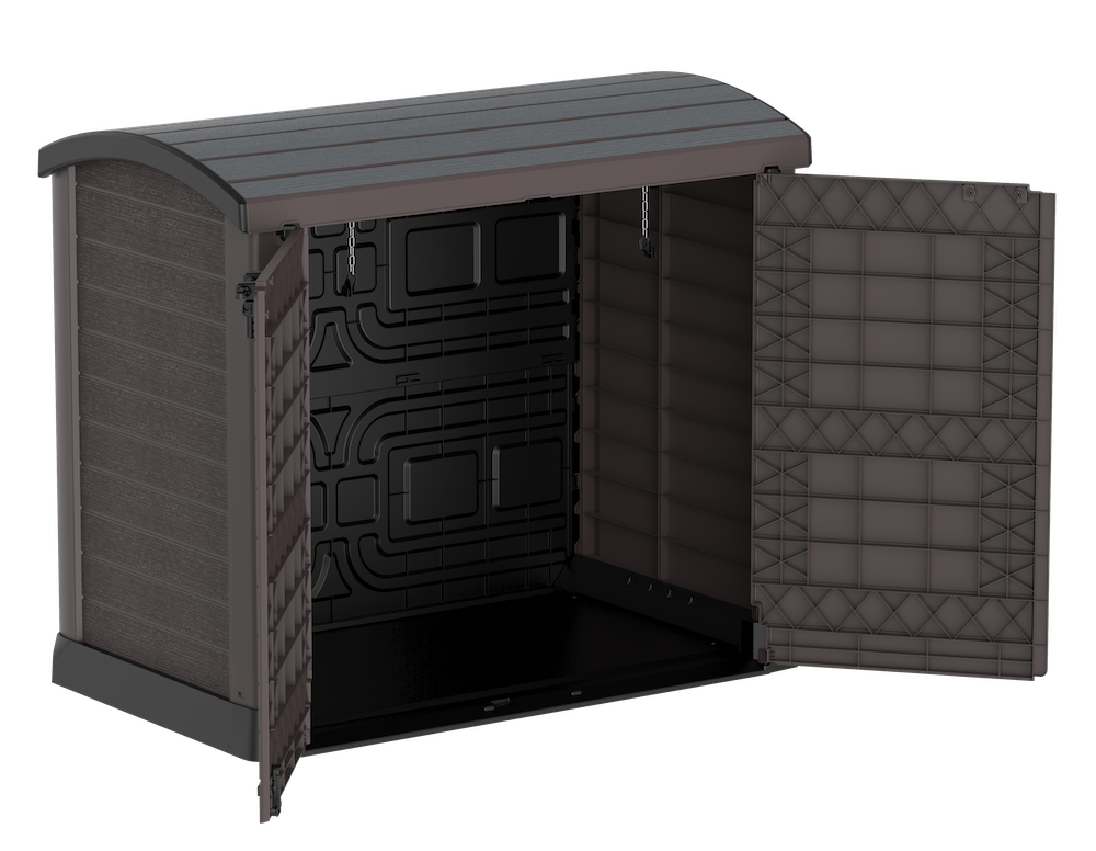 Brown garden storage shed, double door entry access for storing furniture, garbage bins or bicycles.