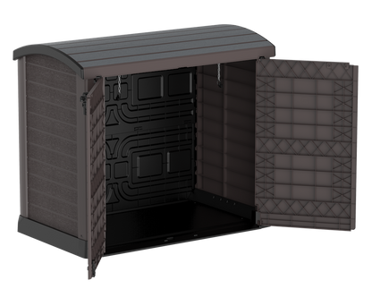Brown garden storage shed, double door entry access for storing furniture, garbage bins or bicycles.