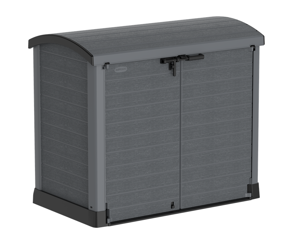 Grey garden storage shed for patio, double door opening and roof opening.