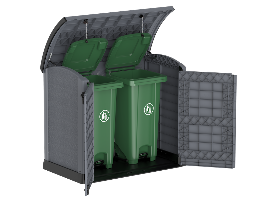 Grey patio storage shed with double doors and a roof access holding up to two bins