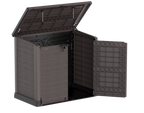 Garbage box shed in dark brown, 1200L, front opening half open.