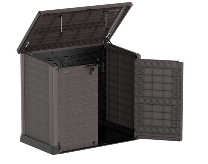 Garbage box shed in dark brown, 1200L, front opening half open.