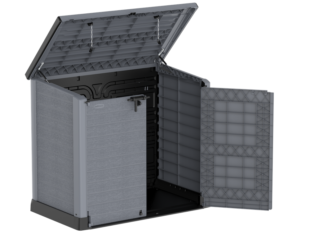 Garbage box shed in grey 1200L, front opening half open.