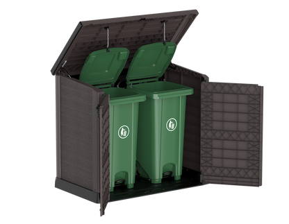 Dark Brown garbage box shed, 1200L can fit two garbage cans, with front and top opening.