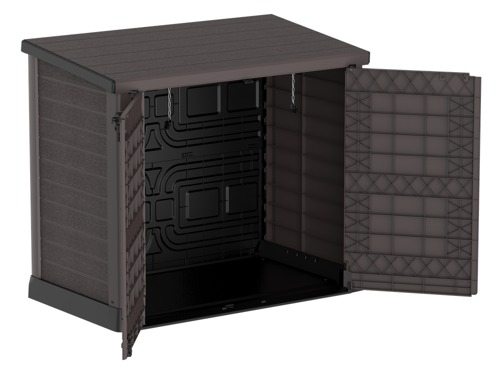 Duramax plastic garden storage shed with flat lid, and front opening to carry equipment in and out.