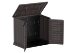 Brown plastic garden storage shed with two openings.