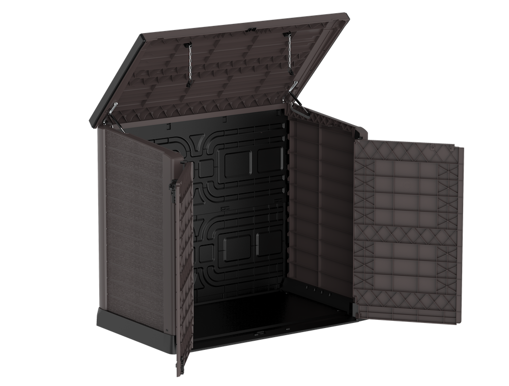 Brown plastic garden storage shed with two openings.