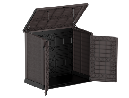 Brown plastic garden storage shed with two openings.