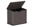 Brown garbage box shed, top opening for easy access of bins or equipment.