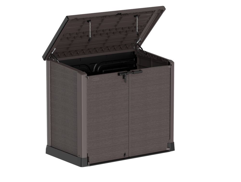 Brown garbage box shed, top opening for easy access of bins or equipment.