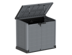 Grey garbage box shed, top opening for easy access of bins or equipment.