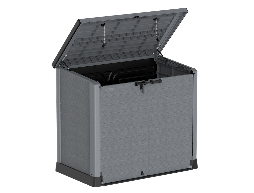 Grey garbage box shed, top opening for easy access of bins or equipment.
