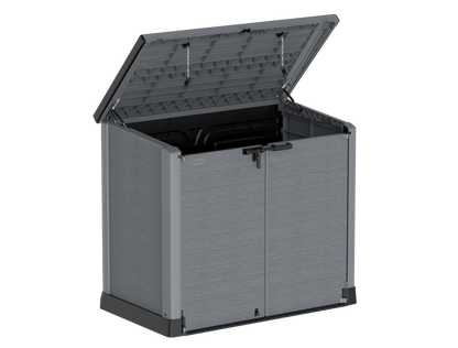 Grey garbage box shed, top opening for easy access of bins or equipment.