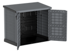 Duramax plastic garden storage shed with flat lid, and front opening to carry equipment in and out.