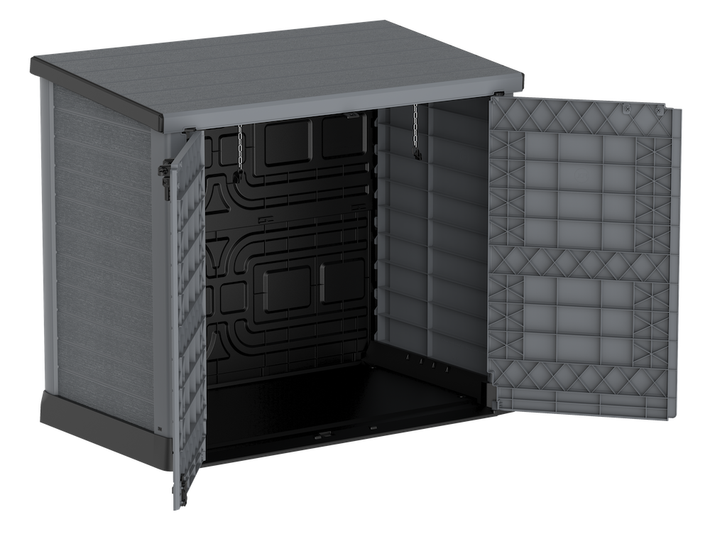 Duramax plastic garden storage shed with flat lid, and front opening to carry equipment in and out.