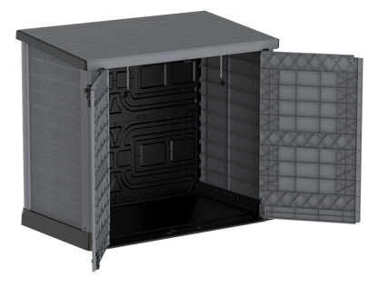 Duramax plastic garden storage shed with flat lid, and front opening to carry equipment in and out.