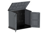 Grey plastic garden storage shed with two openings.