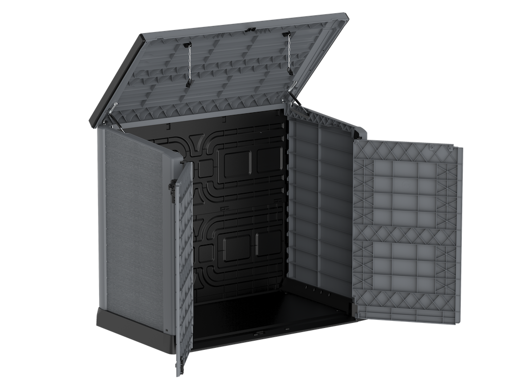 Grey plastic garden storage shed with two openings.