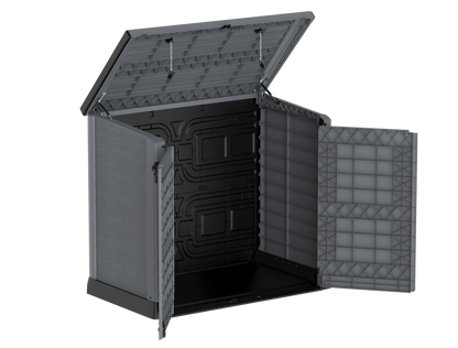 Grey plastic garden storage shed with two openings.