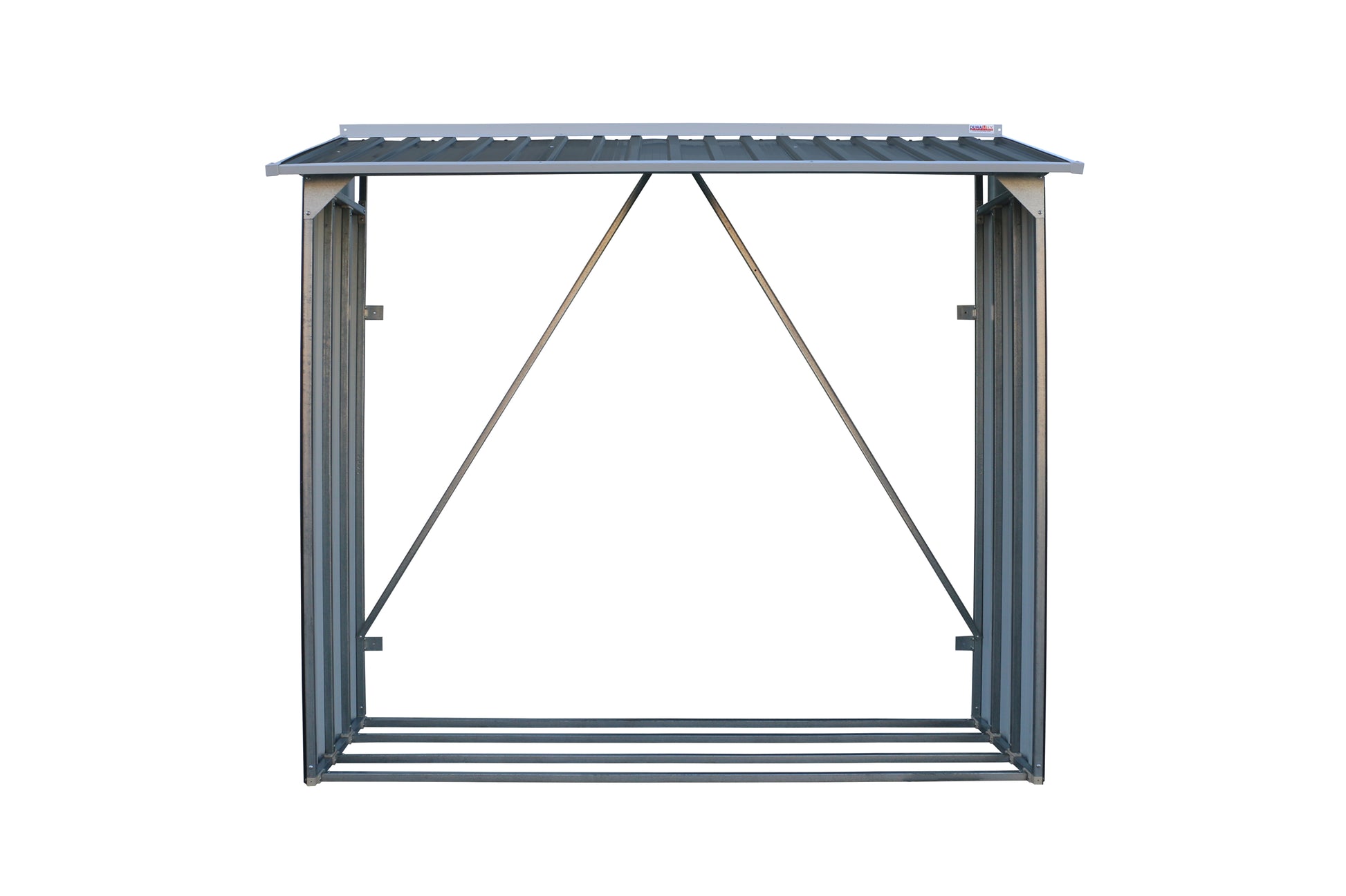 Dark grey metal woodstore, ideal for storing big amounts of firewood, keeping them dry and safe.