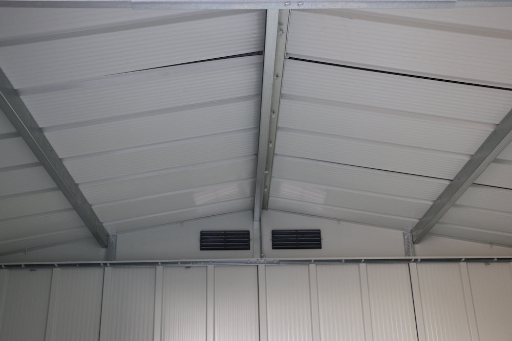 Duramax ECO 2.52 x 1.74 m Metal Shed with strong metal roof structure.