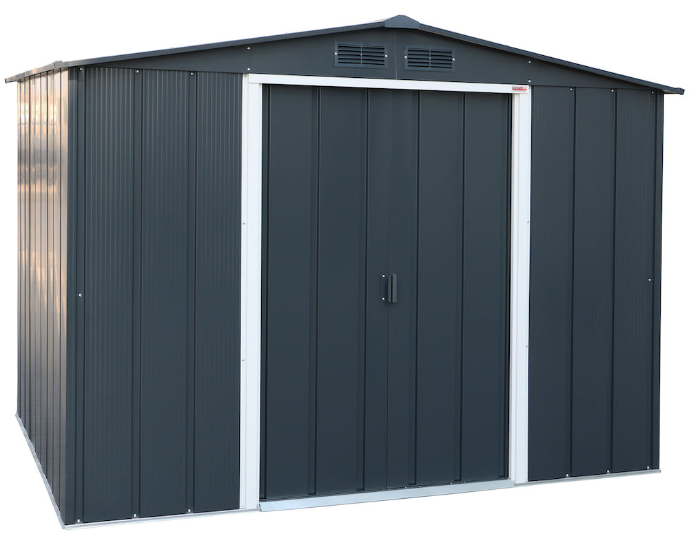 Duramax ECO 2.52 x 1.74 m, anthracite metal storage shed with dual ventilation and wide double doors.