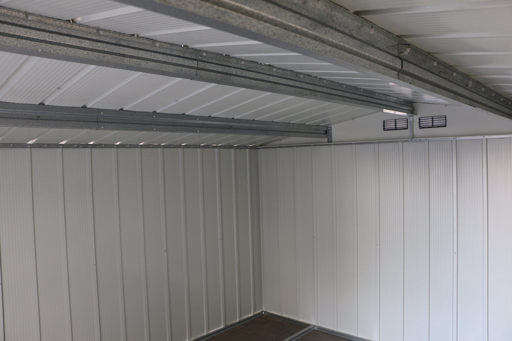 Metal storage shed for patio, strong metal interior and ventilation system.