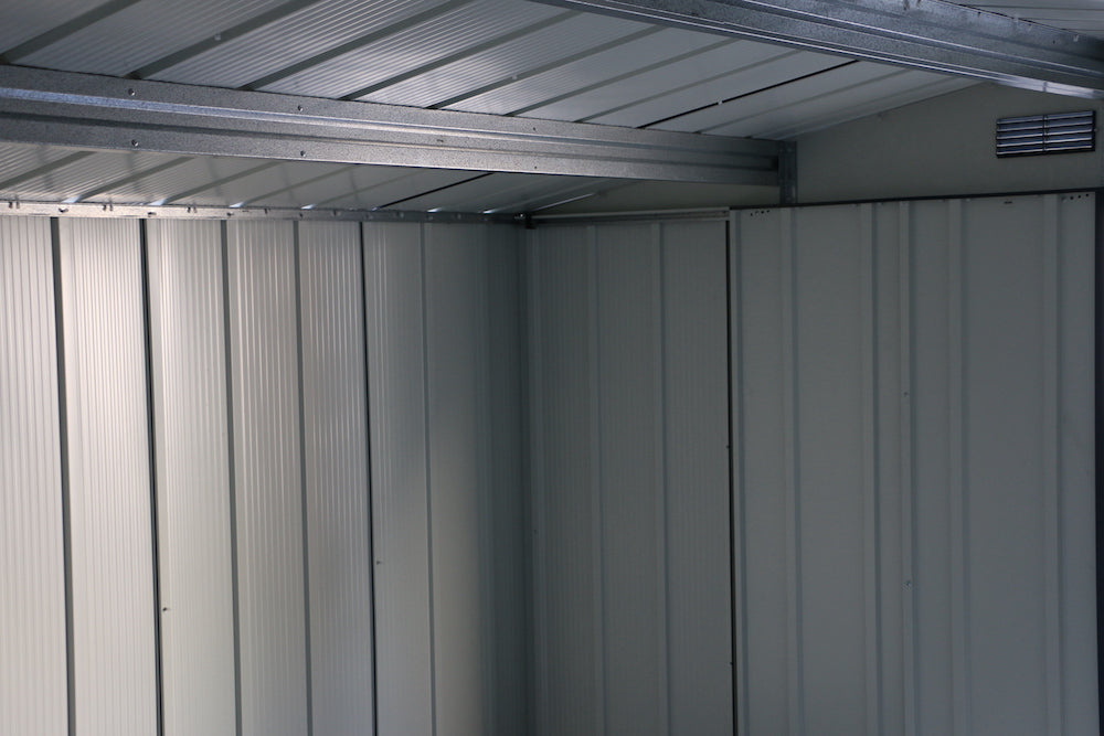 Duramax ECO 3.12 x 2.34 m Metal Shed interior, with strong steel structure for extra strength.