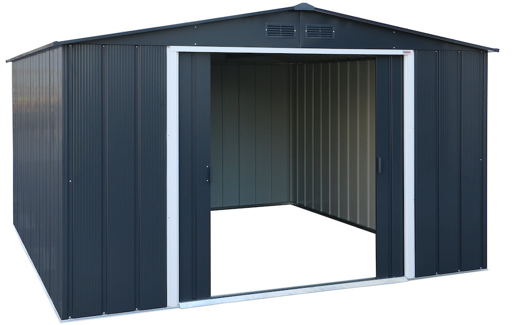 Storage shed made of metal for garden with off-white trimmings 3.12 x 3.54 m spacious to store tools or equipment.