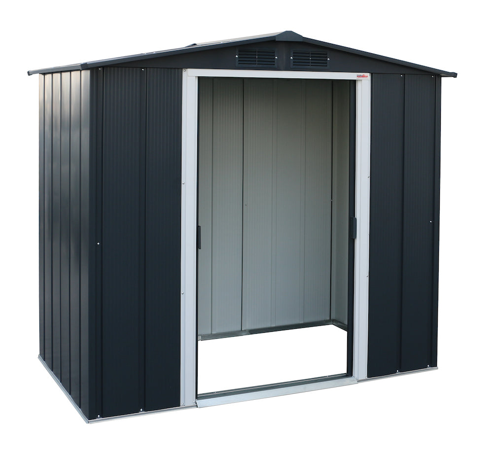 Storage shed made of metal for garden with off-white trimmings, 1.92 x 1.13 m spacious to store tools or equipment.