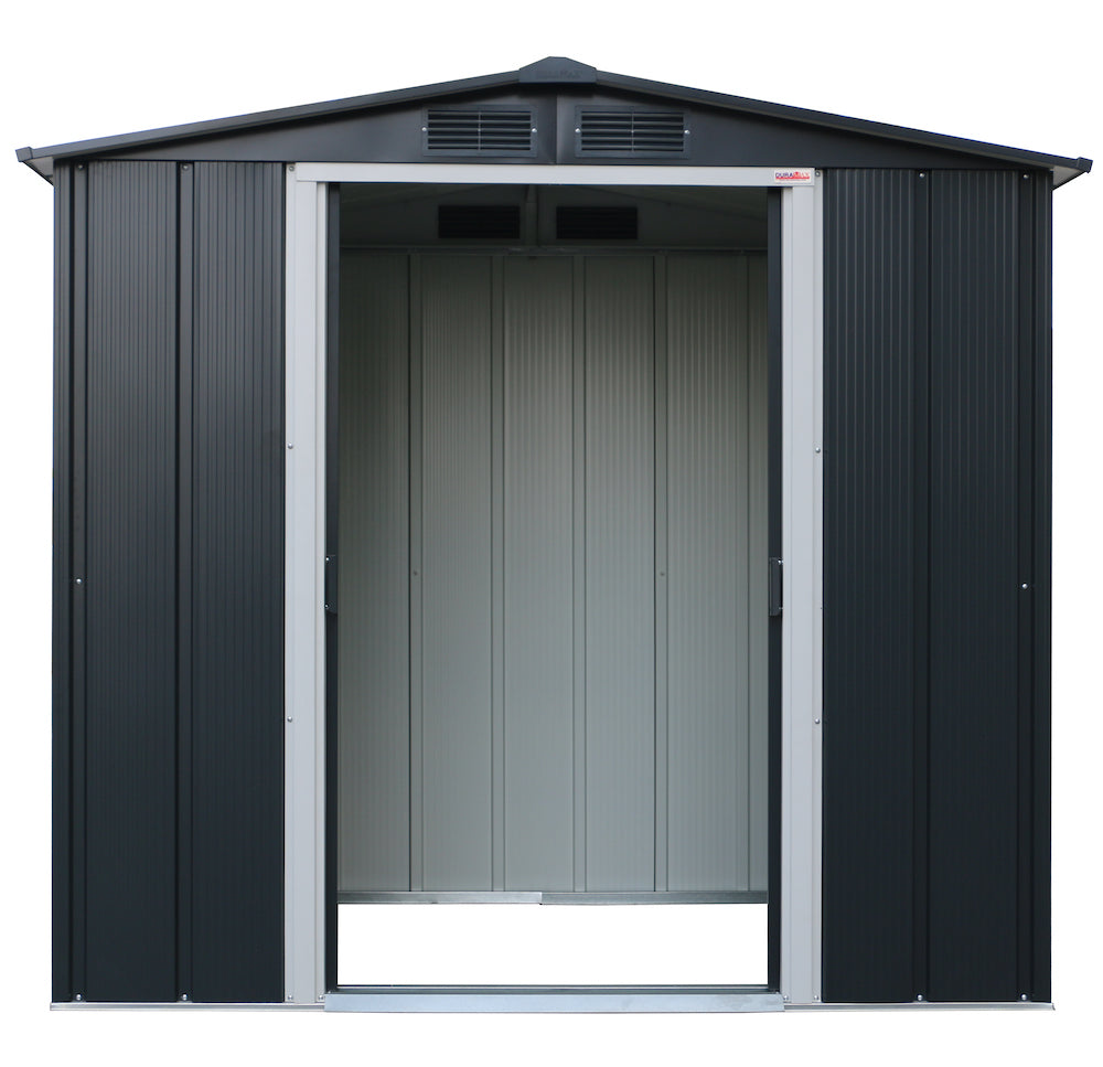 Anthracite garden storage shed, 1,92 x 1.13 m with dual ventilation and sliding door.