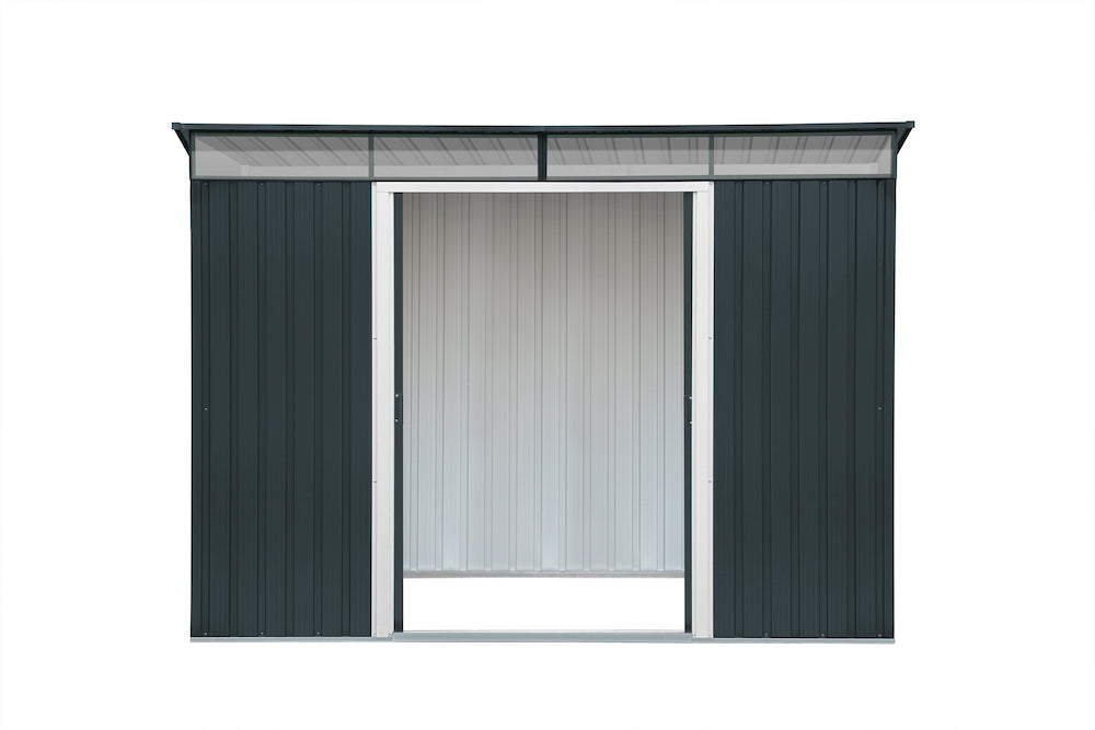 Dark grey metal shed for patio with skylight, 2.52 x 1.74 and  strong metal pent roof that can handle a big amount of snow. 