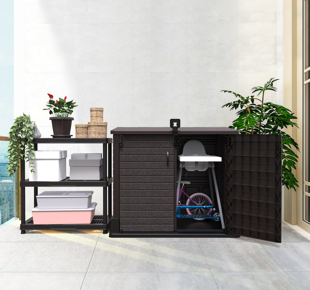 Brown plastic storage shed for indoor uses, ideal for storing toys, seats and equipment.