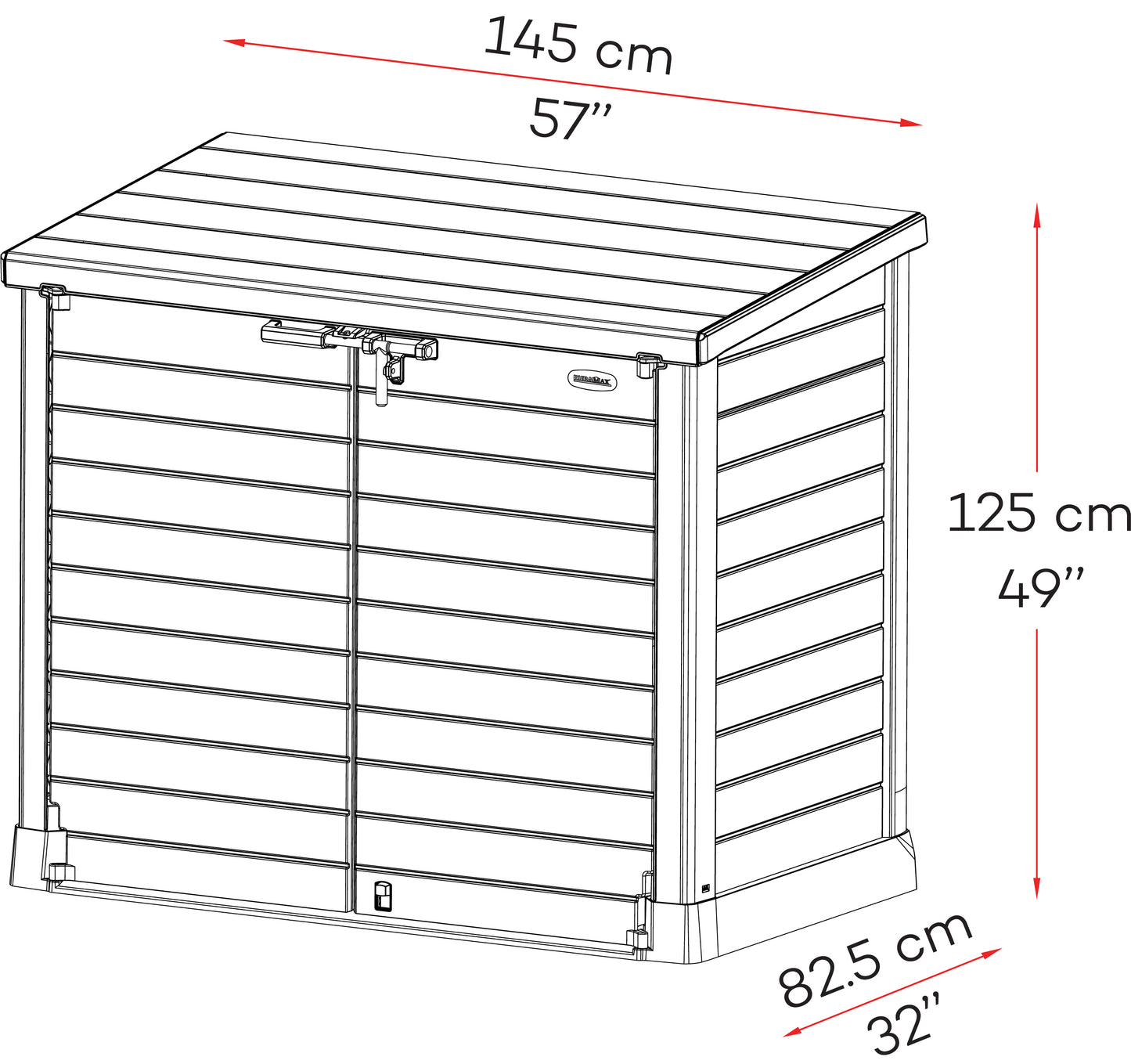Duramax Storeaway 1200 L garden storage shed dimensions , 1.45 x 1.25