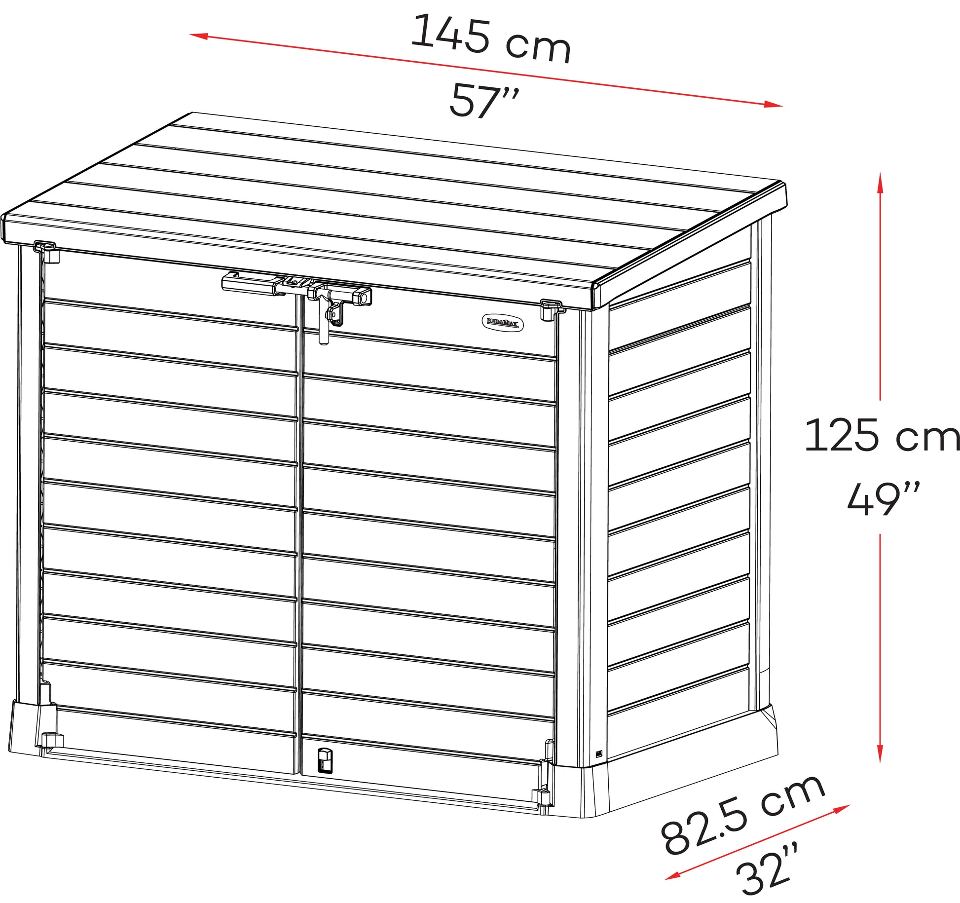Duramax Storeaway 1200 L garden storage shed dimensions , 1.45 x 1.25