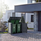 Duramax StoreAway 1200L plastic garbage container with two openings.