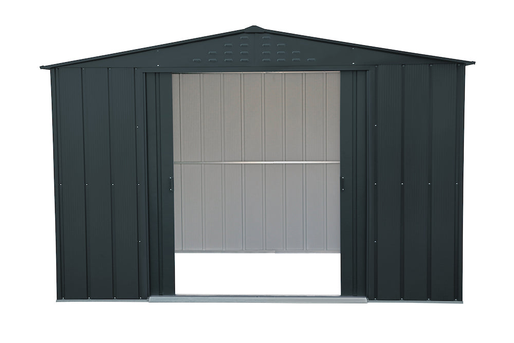 Metal shed in grey, 3.12 x 2.34 m with strong meta reinforcement and double entry sliding doors for easy access in shed.