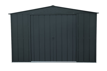 Dark grey metal shed, 3.12 x 2.34 m made with steel to provide resistance to corrosion.