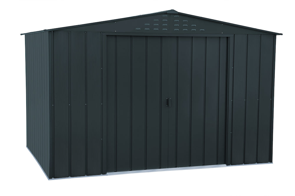 Dark grey metal shed, 3.12 x 2.34 m with tall sliding doors for easy access in the shed and a secure way of locking for extra safety of the content inside shed.