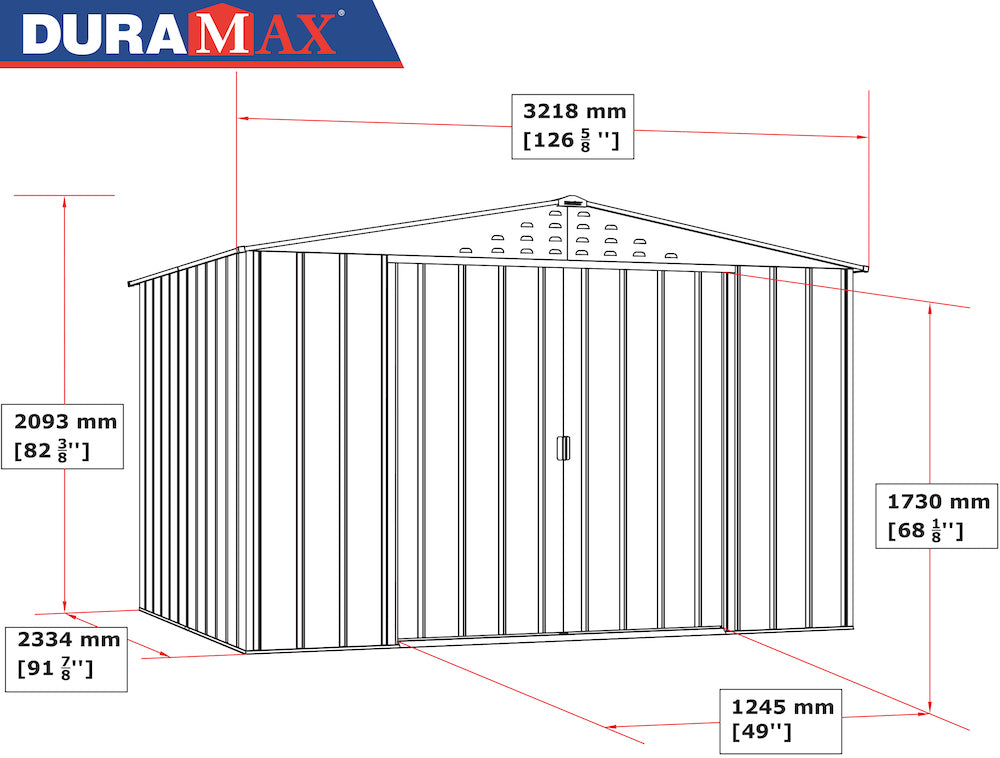 Duramax TOP 3.12 x 2.34 m metal shed in dark grey, dimensions.